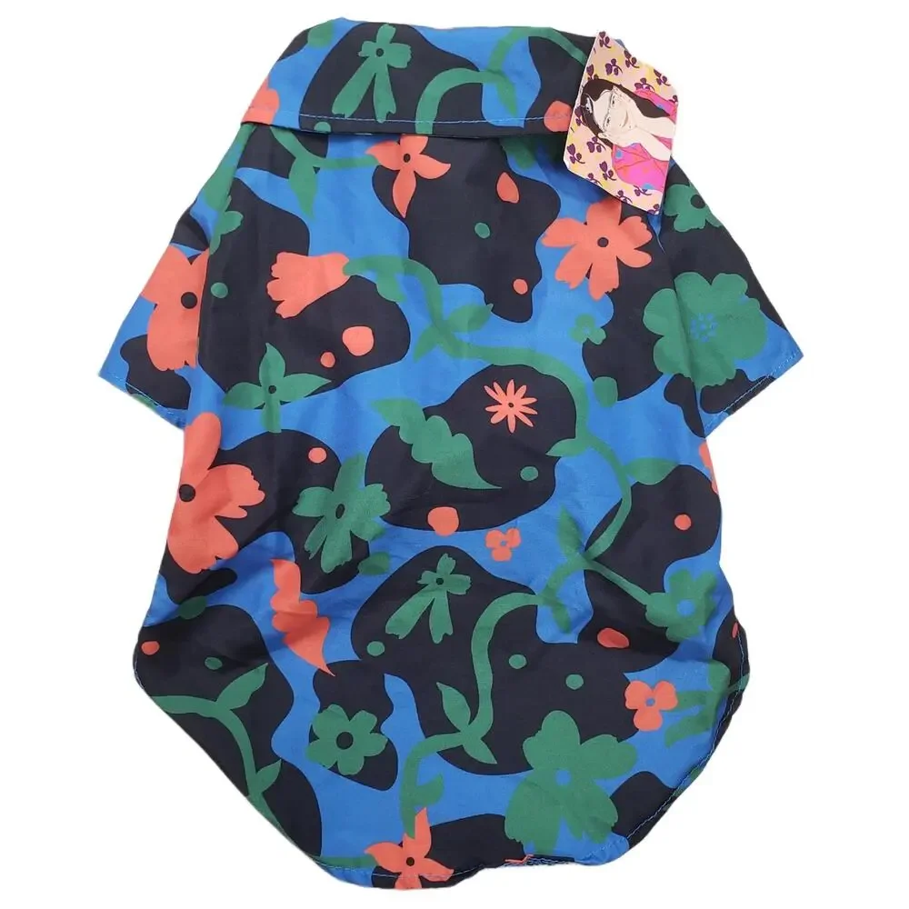 DOGGIE HAWAIIAN SHIRT BLUE BLACK ORANGE & GREEN FLORAL SIZE SMALL VELCRO CLOSURE - Picture 2 of 4